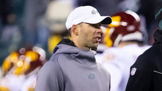 Philadelphia Eagles head coach Nick Sirianni (R) and defensive coordinator Jonathan Gannon (L) before action against the Washington Football Team at Lincoln Financial Field.
